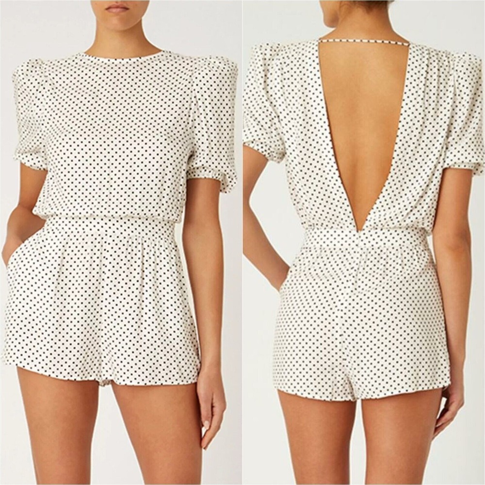 We Wore What Balloon Sleeve Romper Womens 10 Black‎ White Polka Dot Open Back